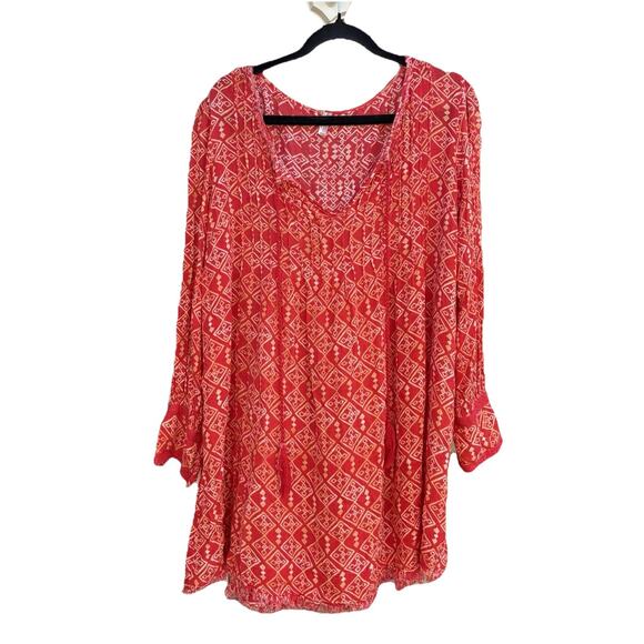 Free People Red And Orange Mini Dress Distressed Bohemian Sleeve, Medium - Picture 1 of 5